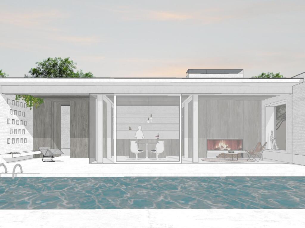 Conceptbeeld modern & luxueus poolhouse 'The Fifties', vooraanzicht overdekt terras, keuken & leefruimte