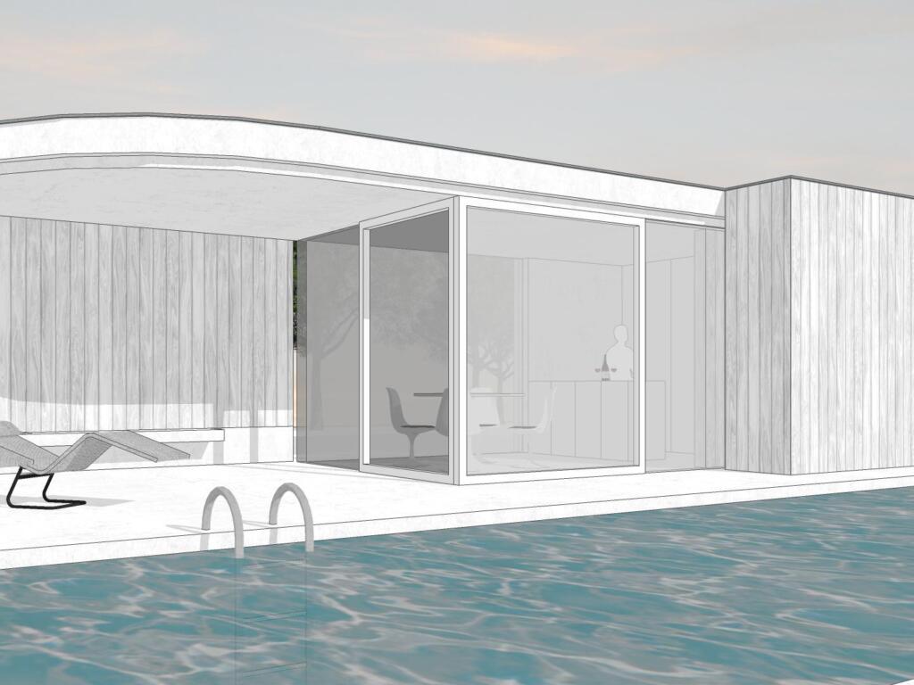 Conceptbeeld 'Miami beach', een poolhouse/bijgebouw met unieke vorm - Vooraanzicht met patrijspoorten en ongewone vorm