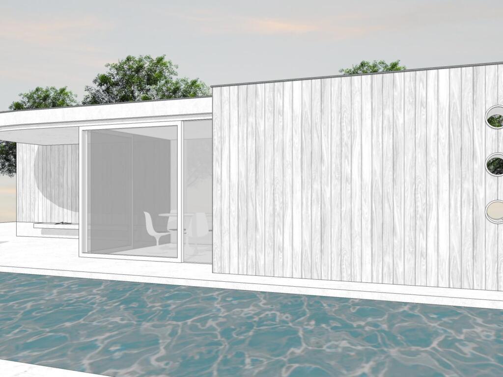 Conceptbeeld 'Miami beach', een poolhouse/bijgebouw met unieke vorm - Vooraanzicht met patrijspoorten