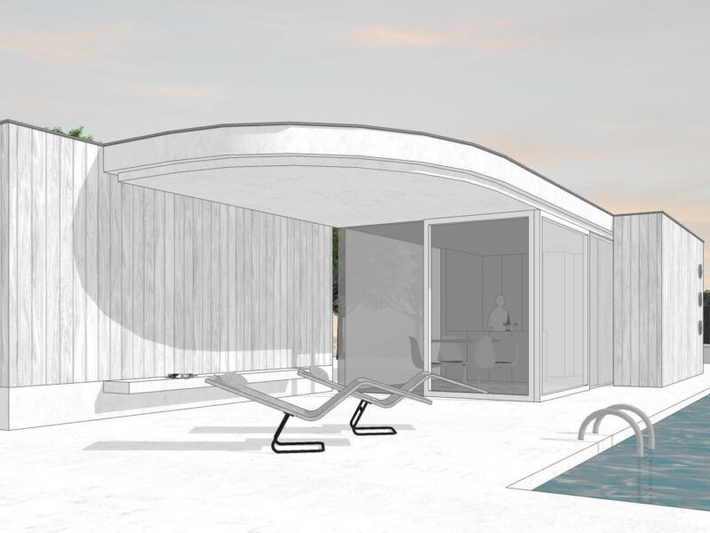 Conceptbeeld 'Miami beach', een poolhouse/bijgebouw met unieke vorm - Voor-/zijaanzicht