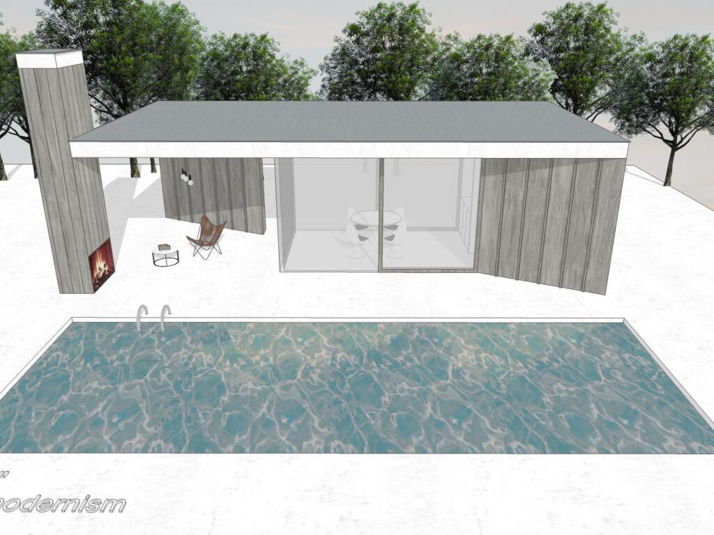 Conceptbeeld 'The dash' met terras en grote raampartijen in het modern bijgebouw/poolhouse ontworpen door Wim Heylen