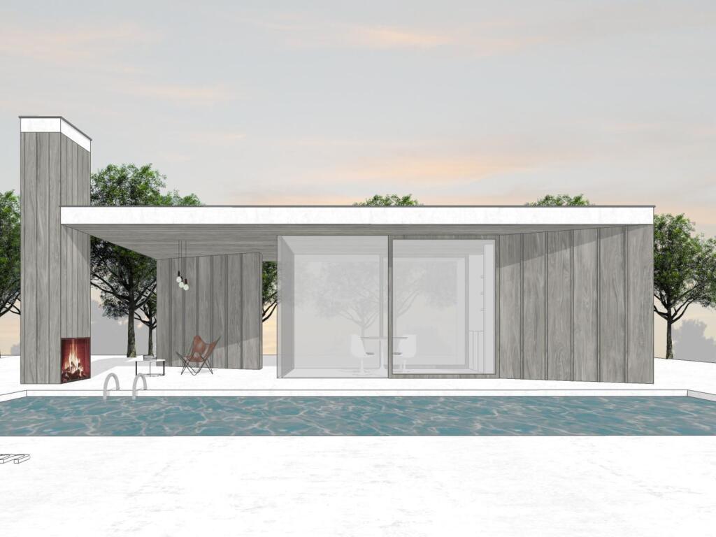Conceptbeeld vooraanzicht 'The dash' met open haard in het modern bijgebouw/poolhouse ontworpen door Wim Heylen