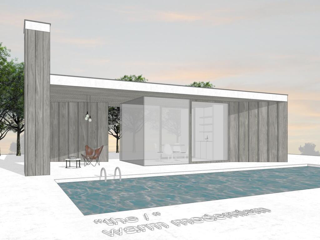 Conceptbeeld vooraanzicht 'The dash' met terras en grote raampartijen in het modern bijgebouw/poolhouse ontworpen door Wim Heylen