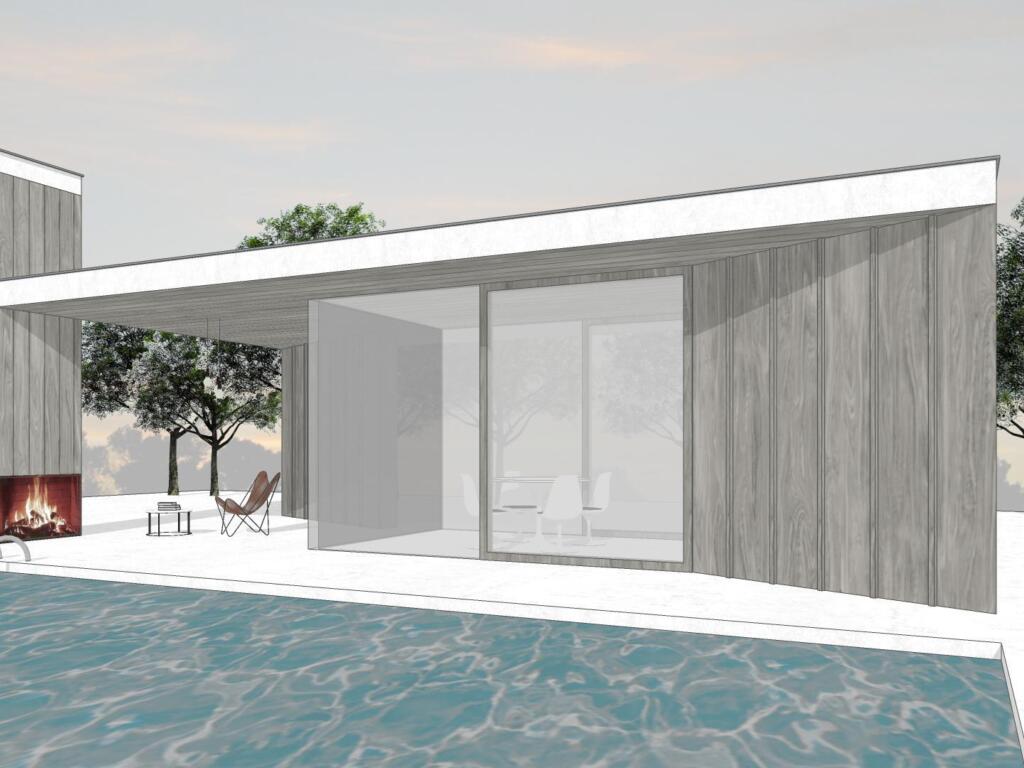 Conceptbeeld vooraanzicht 'The dash' met open haard in het modern bijgebouw/poolhouse ontworpen door Wim Heylen