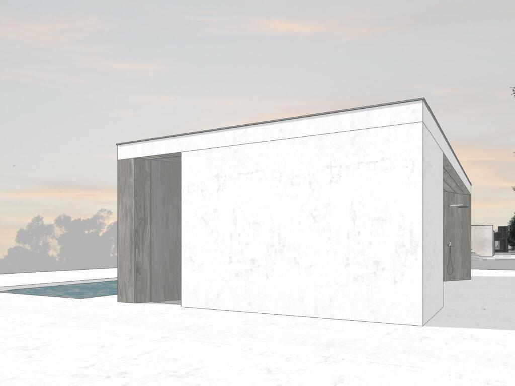 Conceptbeeld 'The dash', een modern bijgebouw/poolhouse ontworpen door Wim Heylen.