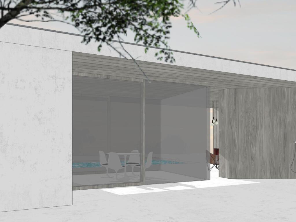 Conceptbeeld buitendouche en raampartijen 'The dash', een modern bijgebouw/poolhouse ontworpen door Wim Heylen.