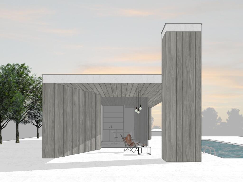 Een zijaanzicht van het concept 'The dash' van Wim Heylen voor een modern bijgebouw of poolhouse.